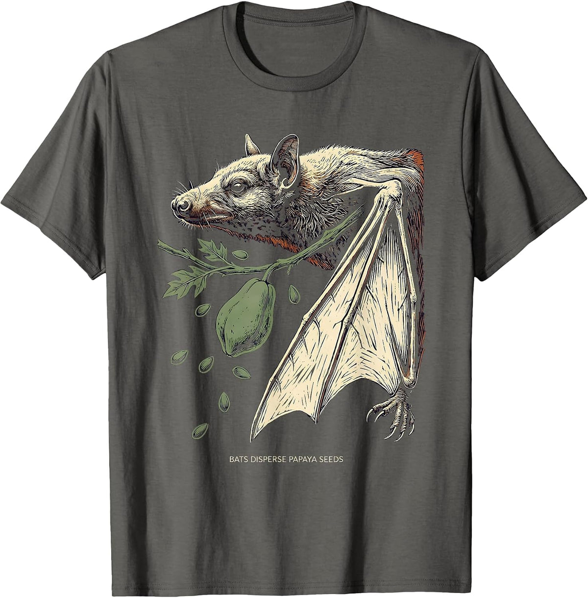 Men's Bats Disperse Papaya Seeds Linocut Bat Lover Halloween T-Shirt - Asphalt Grey