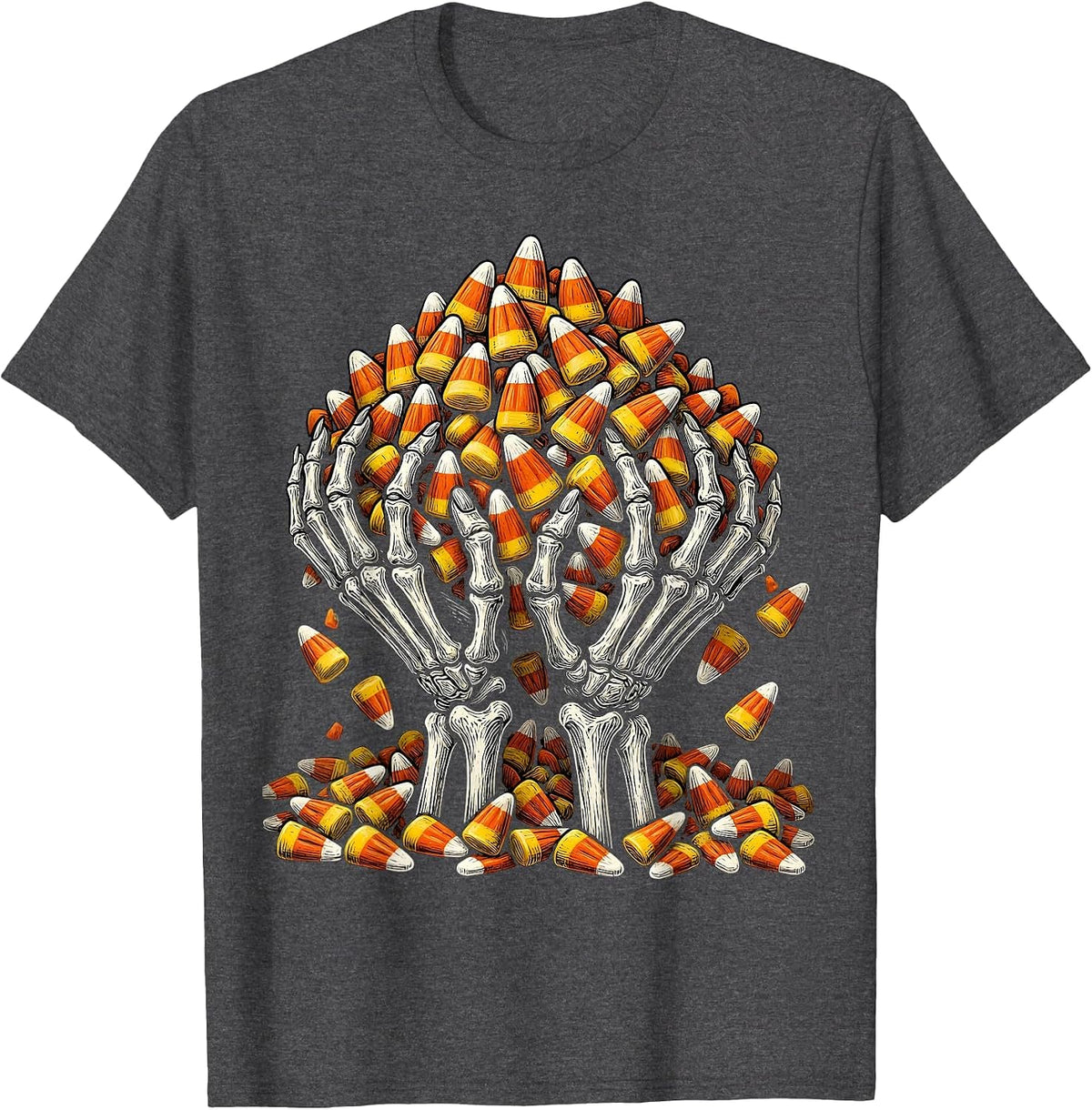 Halloween Candy Corn Skeleton Hands Long Sleeve T-Shirt - Dark Heather Grey