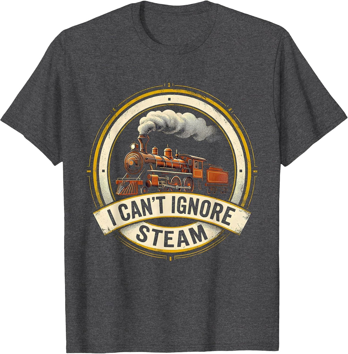 Men's I Can't Ignore Steam Vintage Steam Locomotive Train T-Shirt - Dark Heather Grey