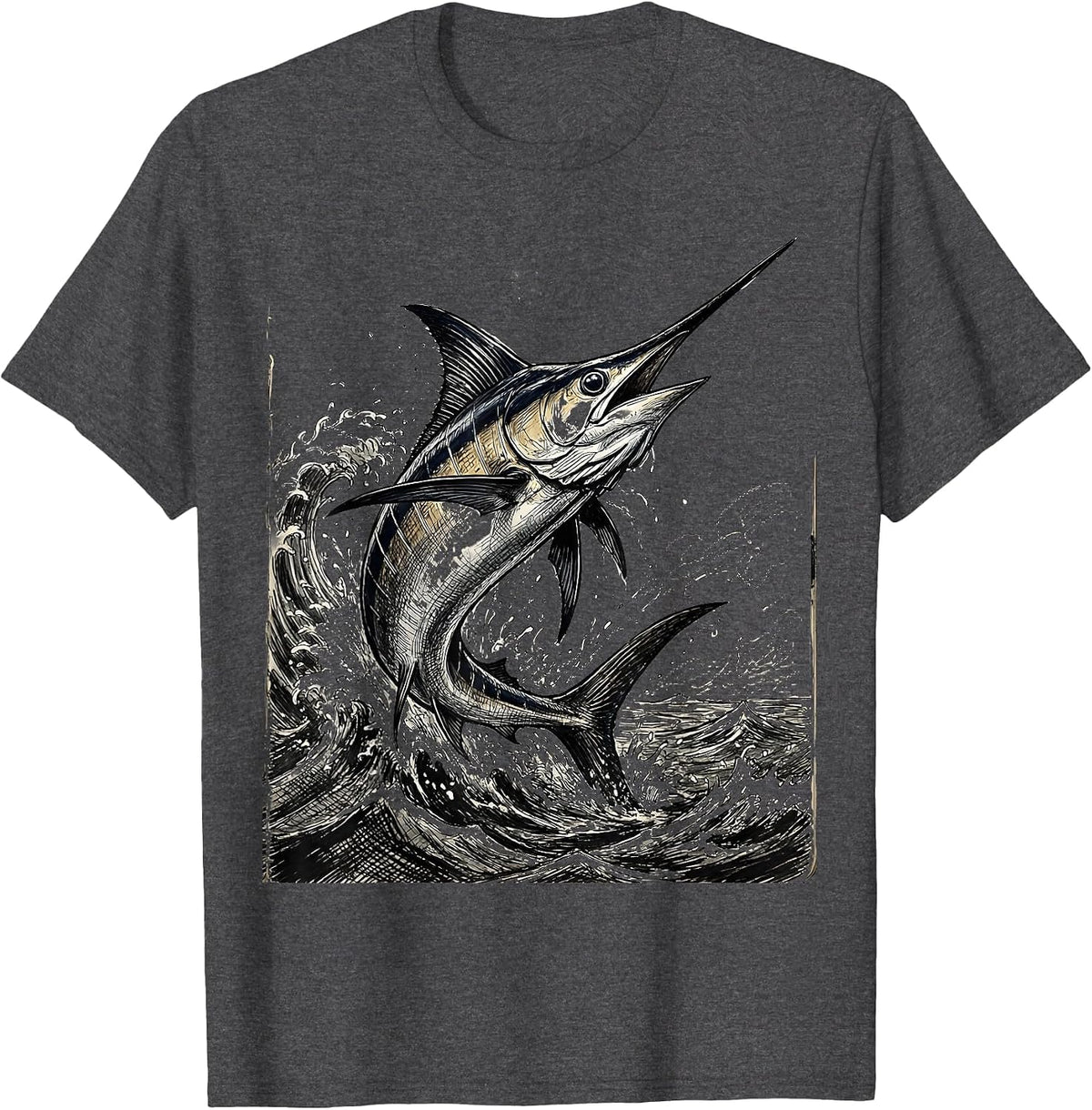 Marlin Jumping Ocean Waves Fishing Graphic T-Shirt - Dark Heather Grey