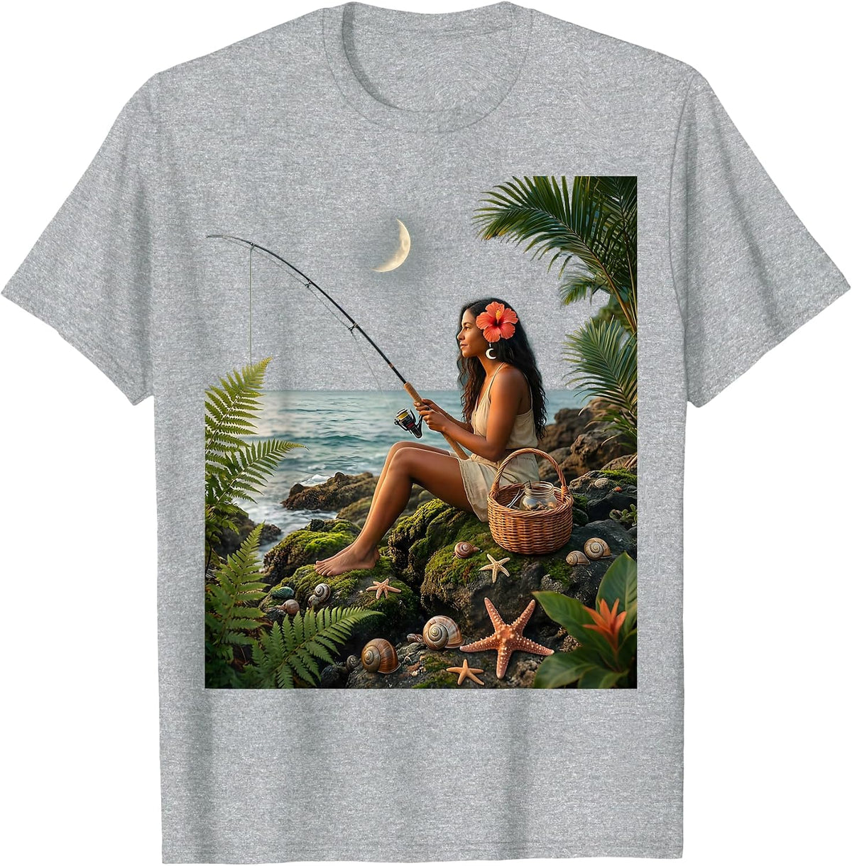 Men's Puerto Rico Coastal Cliff Fishing Illustration T-Shirt - Heather Grey