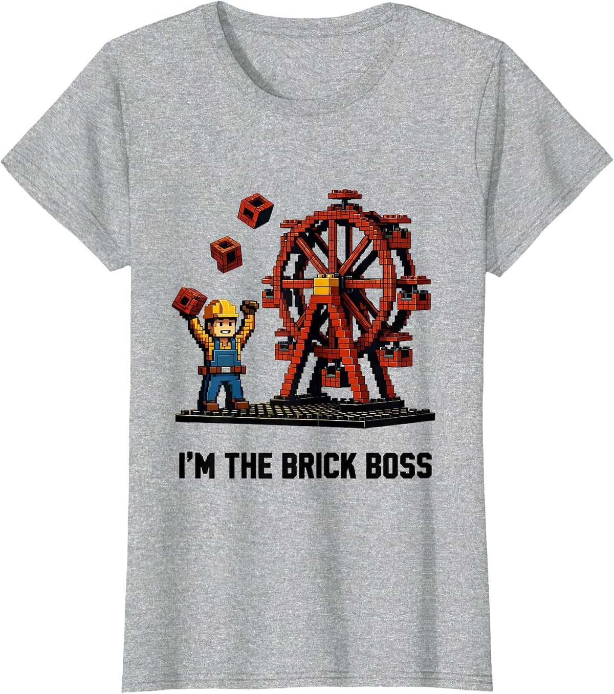Women's I'm The Brick Boss Pixel Art Master Builder Birthday Humor T-Shirt - Heather Grey
