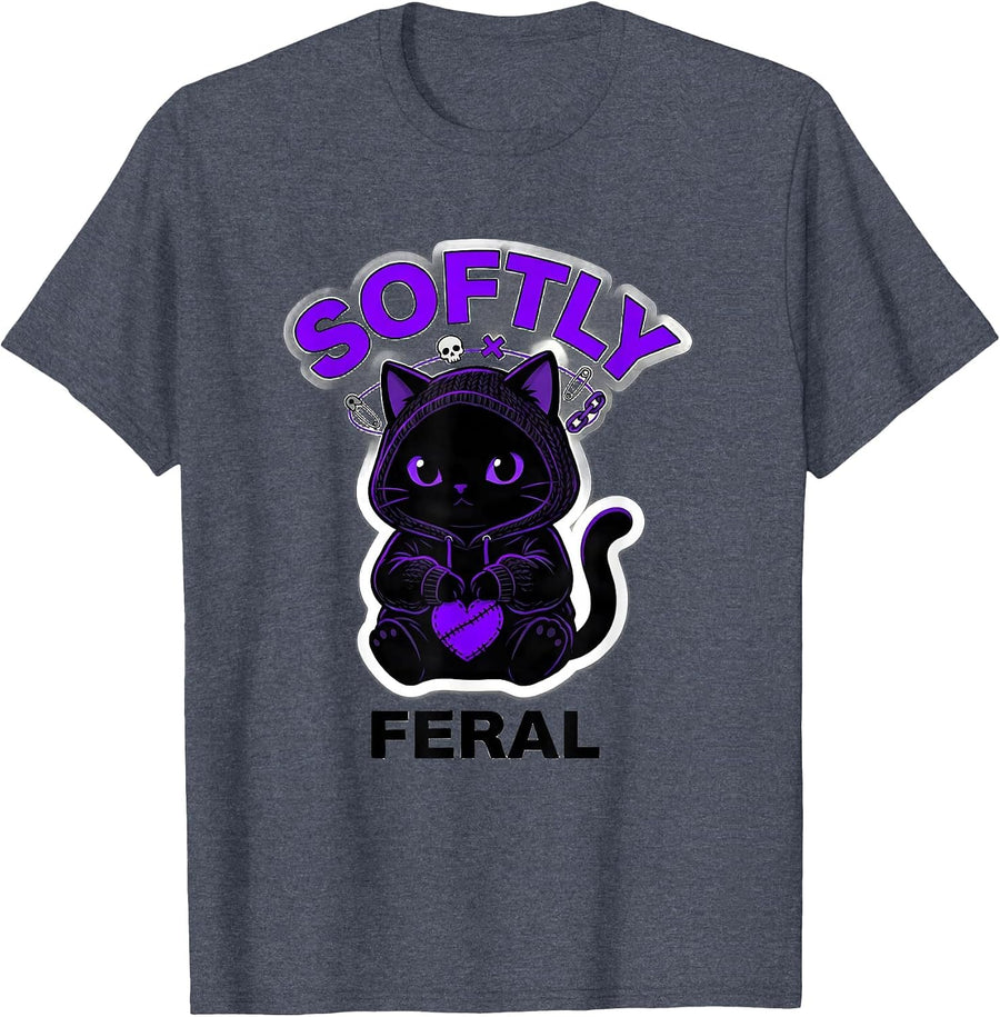 Softly Feral Chibi Cat Emo Goth Alt Aesthetic Punk T-Shirt - Heather Blue
