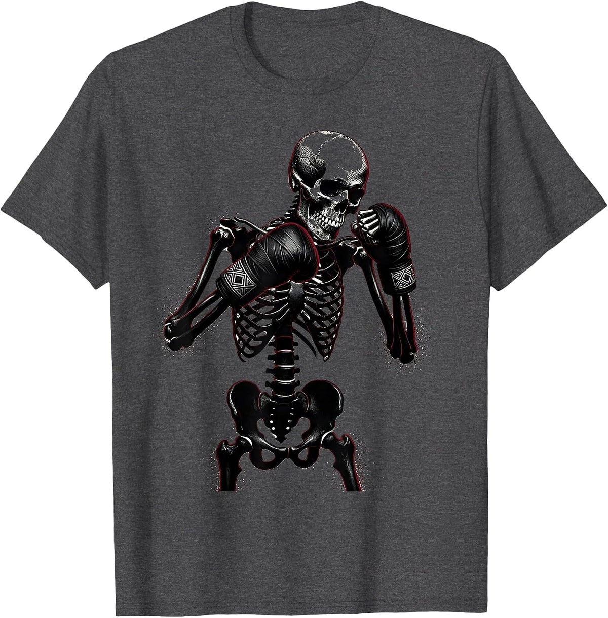 Men's Skeleton Boxer Fighting Stance Wrapped Hands T-Shirt - Dark Heather Grey