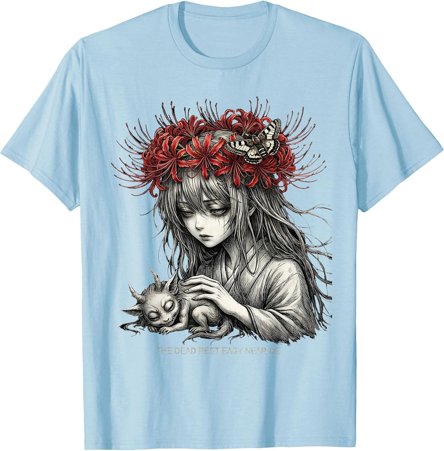 Men's The Dead Rest Easy Near Me Horror Anime Goth Girl Aesthetic T-Shirt - Baby Blue