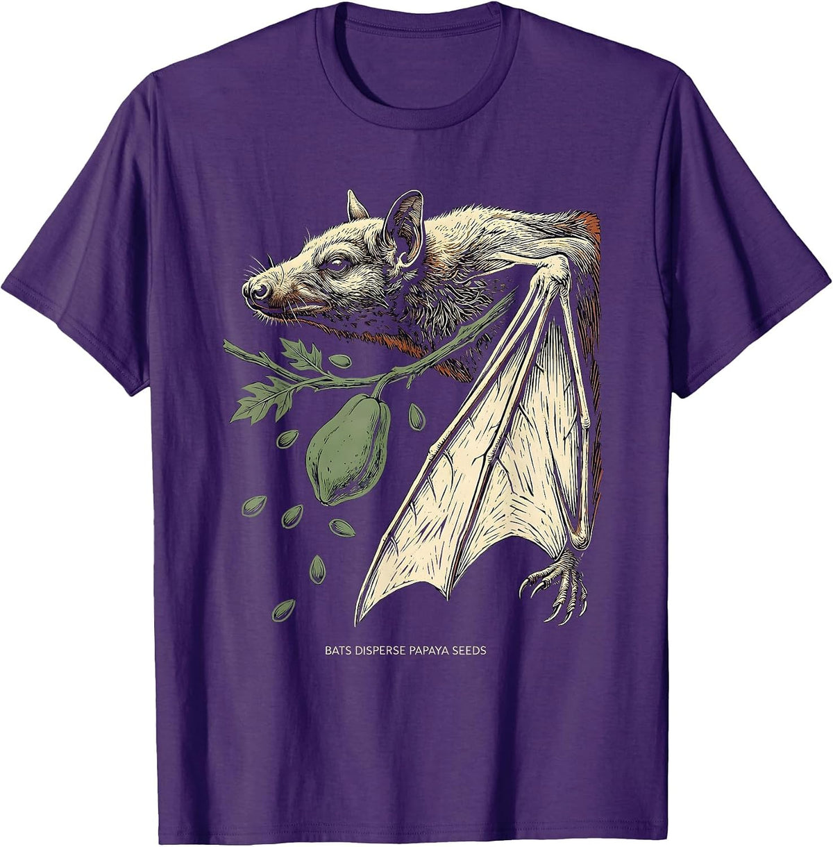 Men's Bats Disperse Papaya Seeds Linocut Bat Lover Halloween T-Shirt - Purple