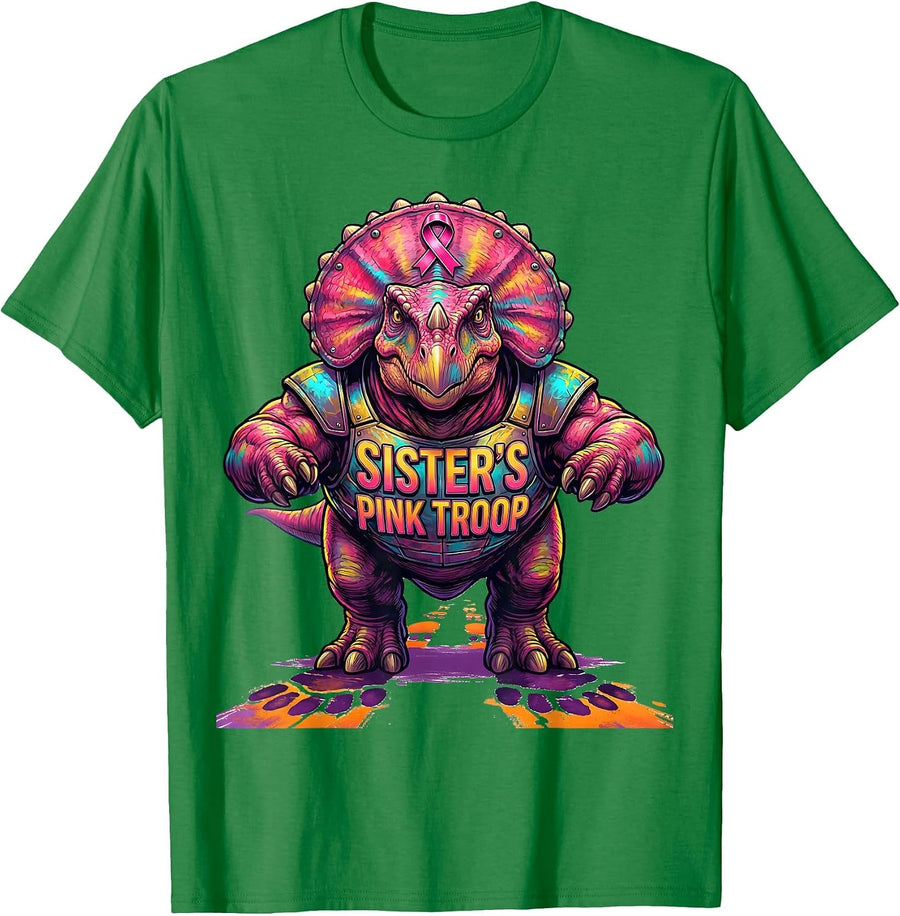 Men's Sister's Pink Troop Colorful Dinosaur Breast Cancer T-Shirt - Kelly Green