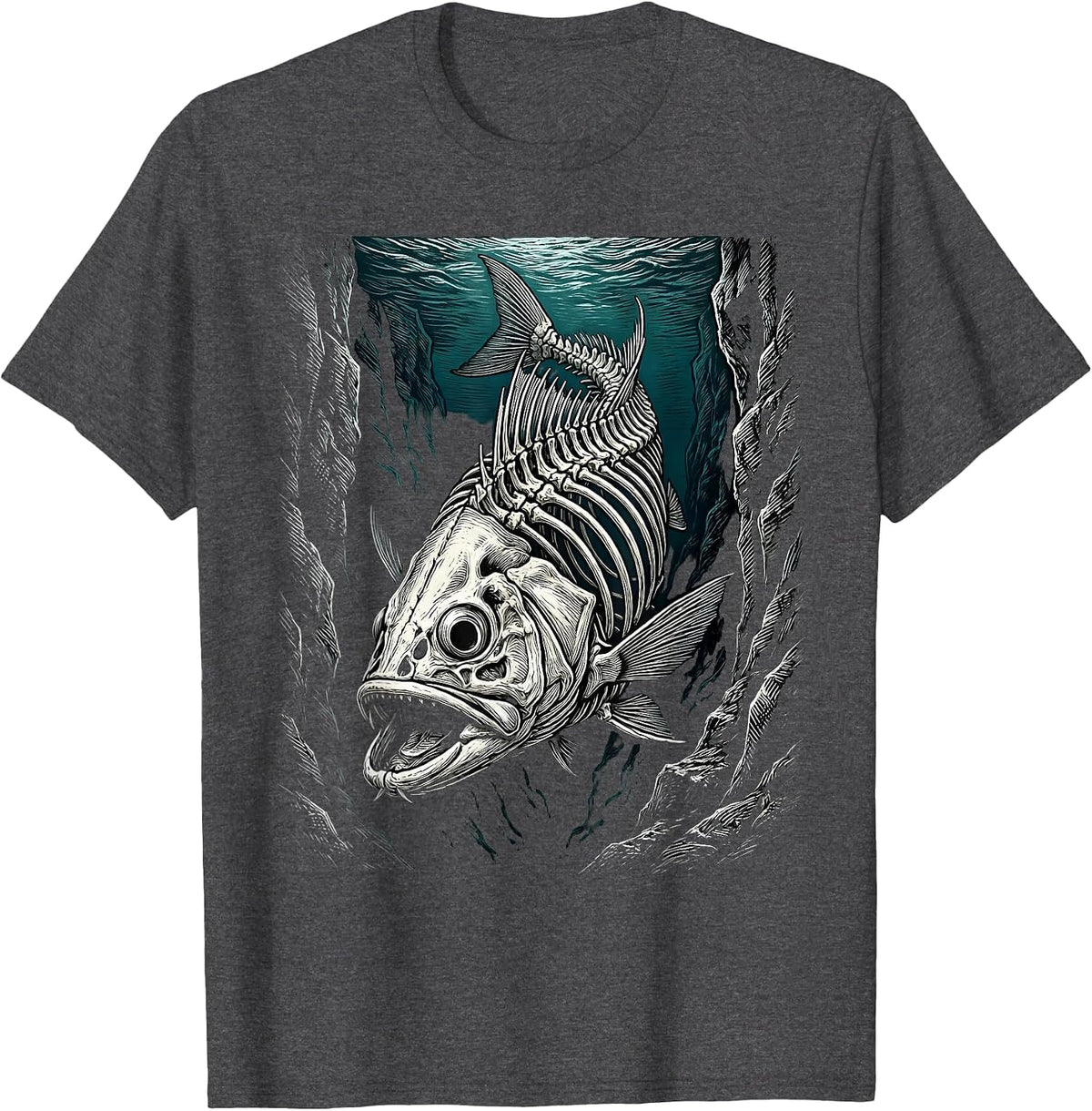 Men's Skeleton Fish Ocean Trench Deep Sea Illustration T-Shirt - Dark Heather Grey