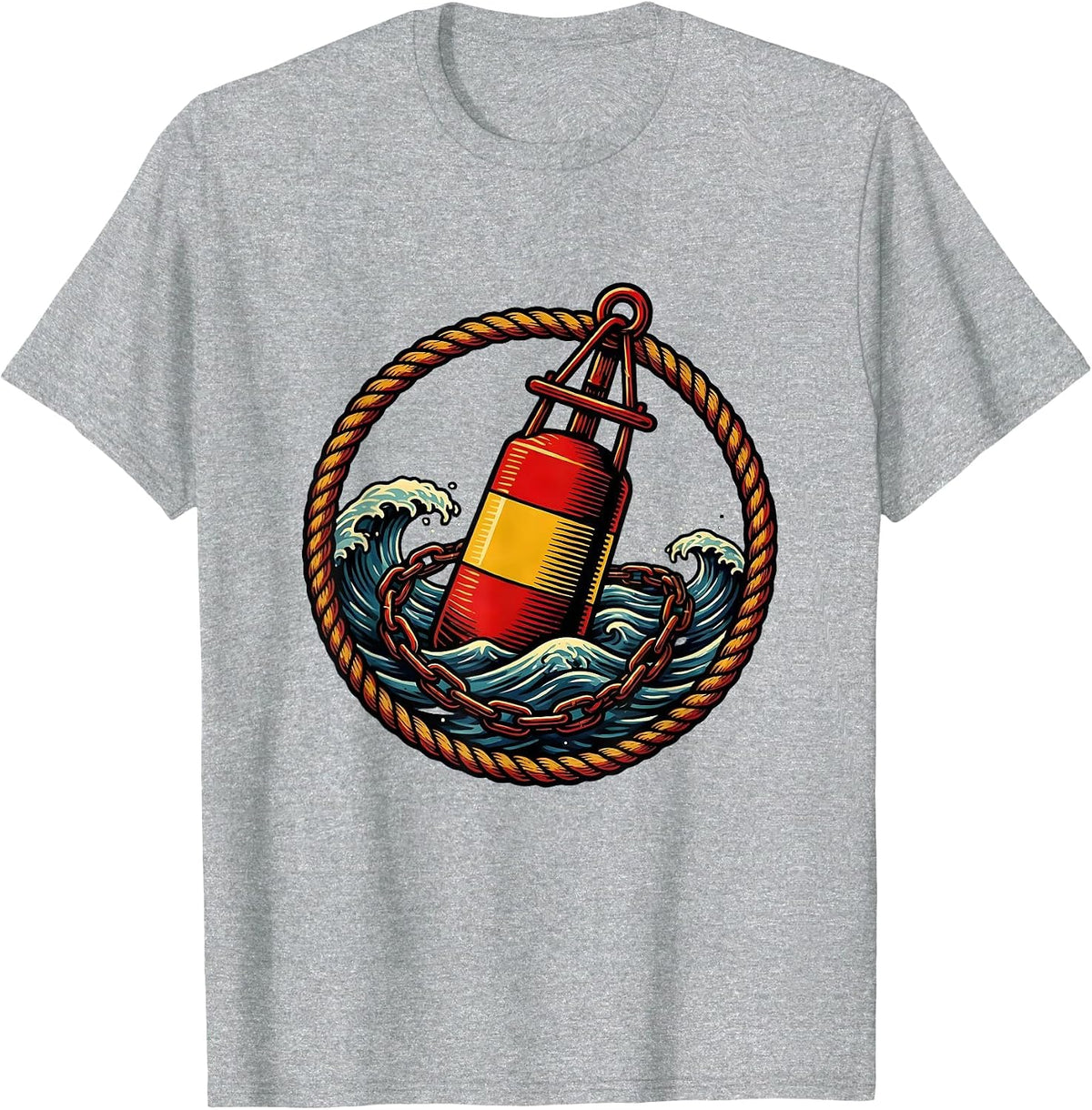 Men's Lone Buoy Ocean Illustration Navy Graphic T-Shirt - Heather Grey