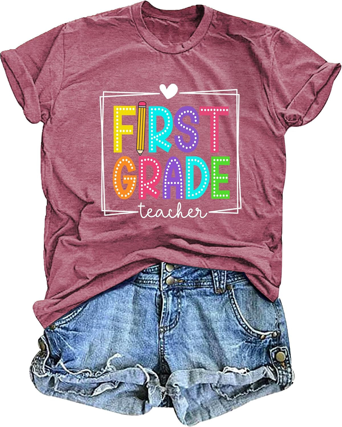 First Grade Teacher Shirt for Women: Teach Life T-Shirt Tops Teching Gift Short Sleeve - Pink1
