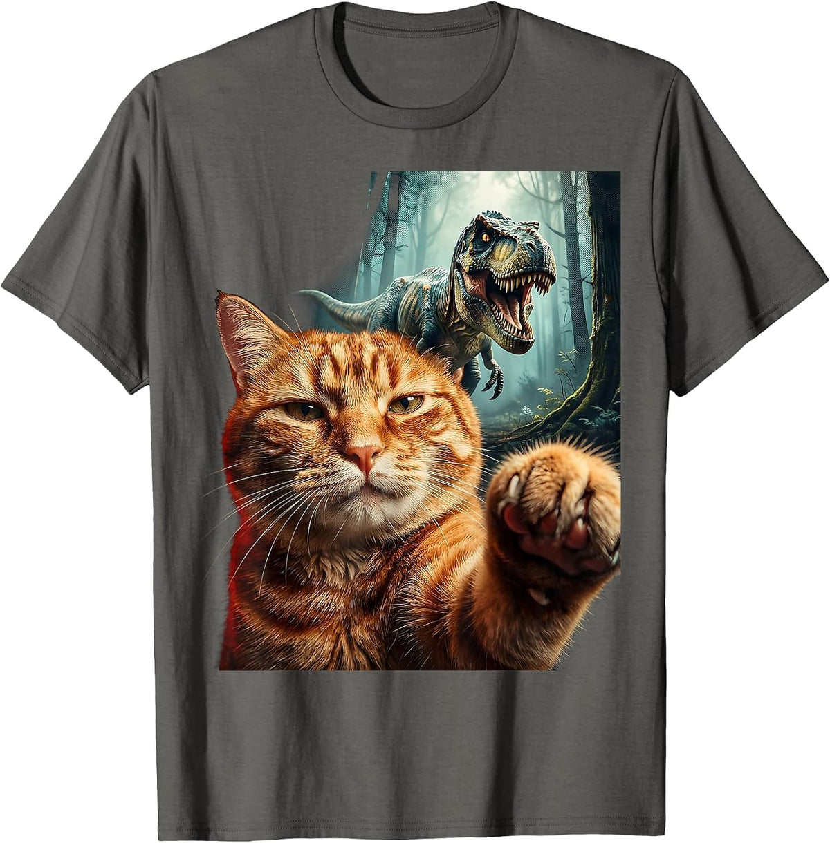 Oversized Cat Face T-Rex Pulp Cover Funny Meme T-Shirt - Asphalt Grey