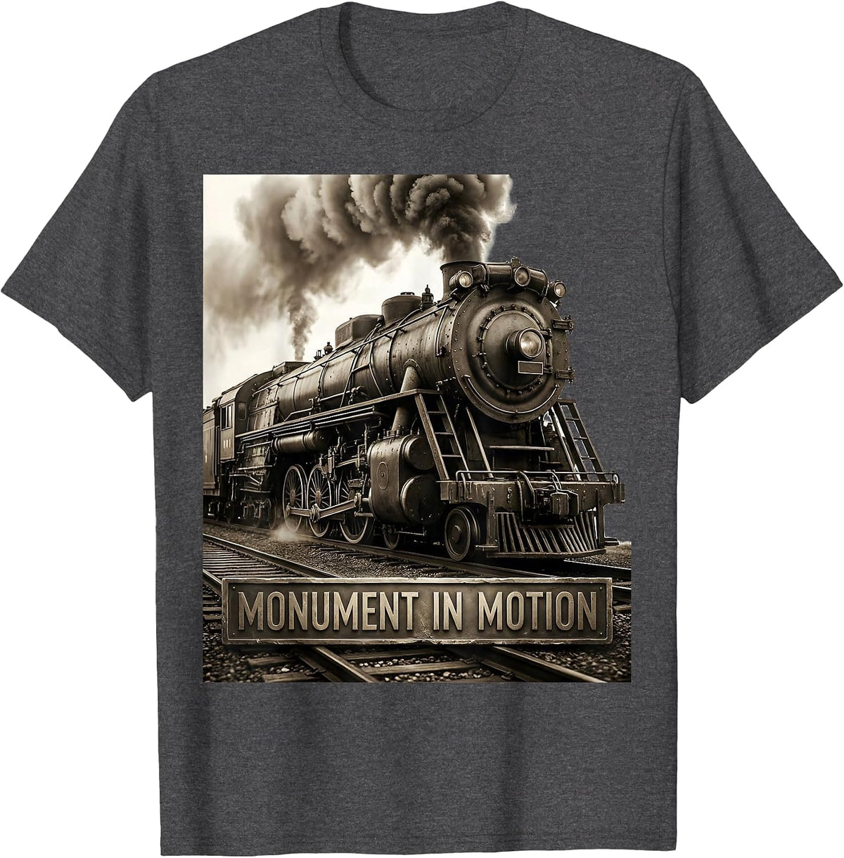 Men's Monument In Motion Monochromatic Steam Locomotive Railroad T-Shirt - Dark Heather Grey