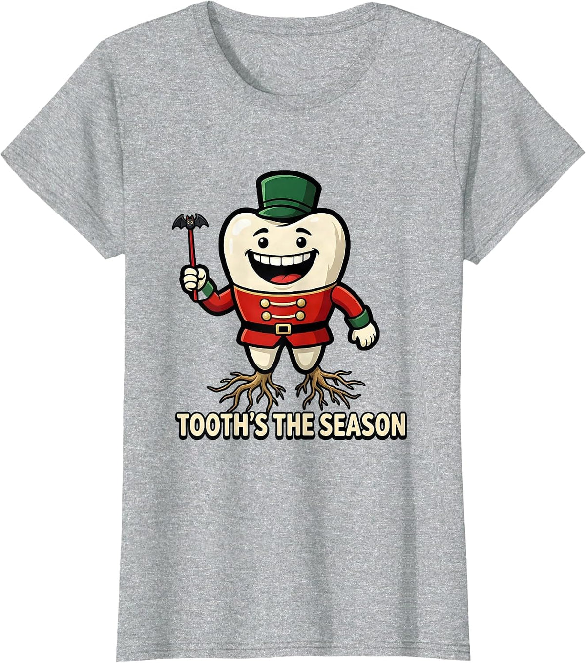 Women's Tooth's the Season Funny Cartoon Dentist Christmas Dental T-Shirt - Heather Grey