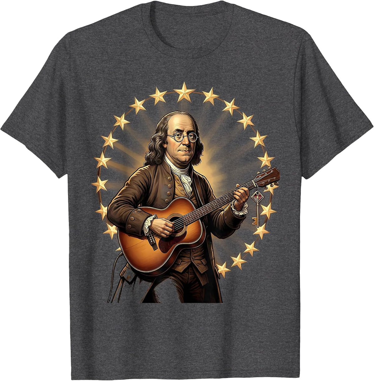 Benjamin Franklin Playing Guitar Historical Music Enthusiast T-Shirt - Dark Heather Grey