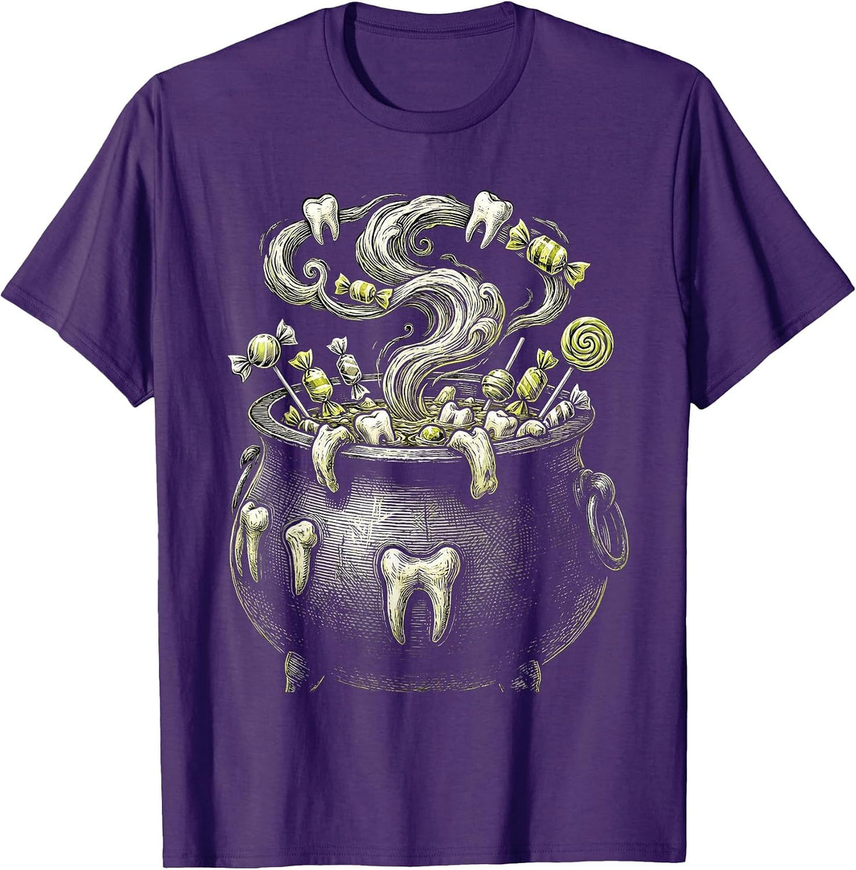 Men's Dental Halloween Cauldron Teeth and Candy Design T-Shirt - Purple