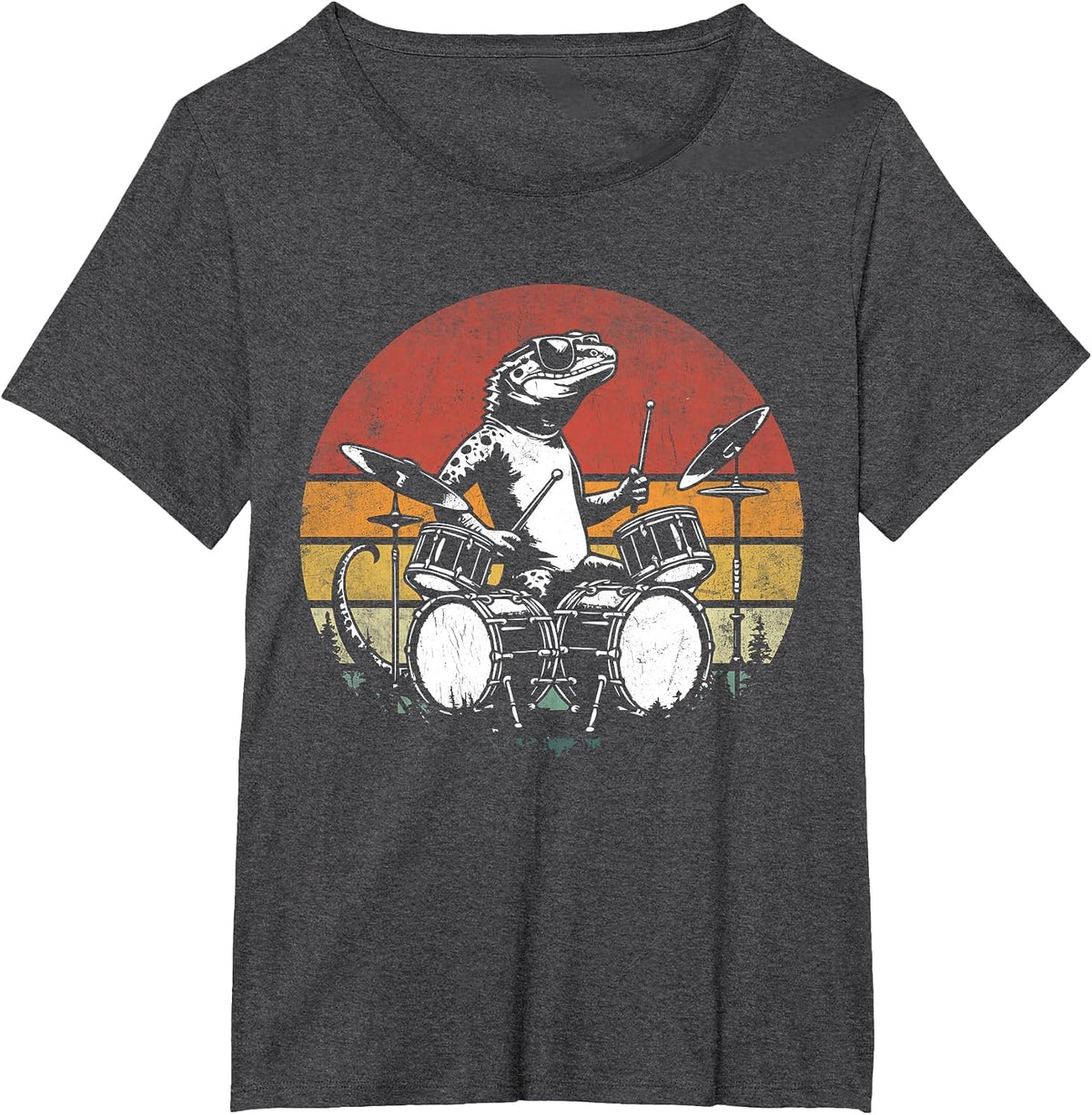 Funny Retro Lizard Drummer Rock Drummer Lizard Playing Drums T-Shirt - Dark Heather Grey