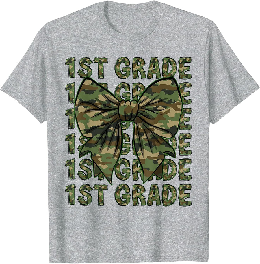 1st Grade Teacher Student Camo Bow Back to School T-Shirt - Heather Grey