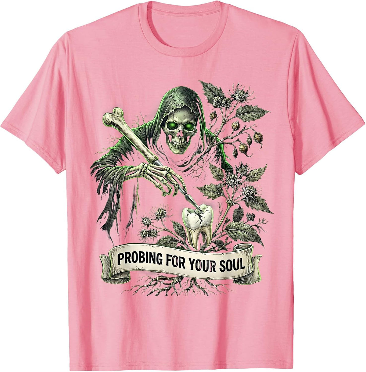 Men's Halloween Dental Periodontal Probe Grim Reaper Design T-Shirt - Pink