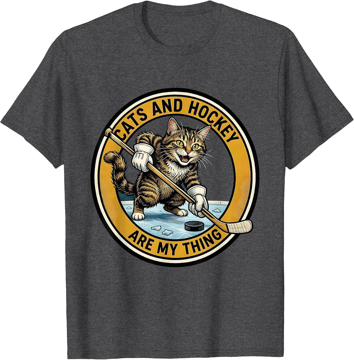 Cats And Hockey Are My Thing Retro Cartoon Cat Lover Hockey T-Shirt - Dark Heather Grey