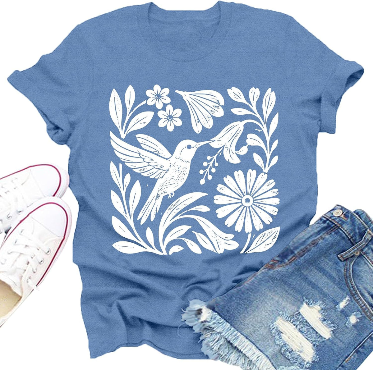 Hummingbird Shirts for Women Boho Woodcut Bird Flower Graphic Tee - Blue