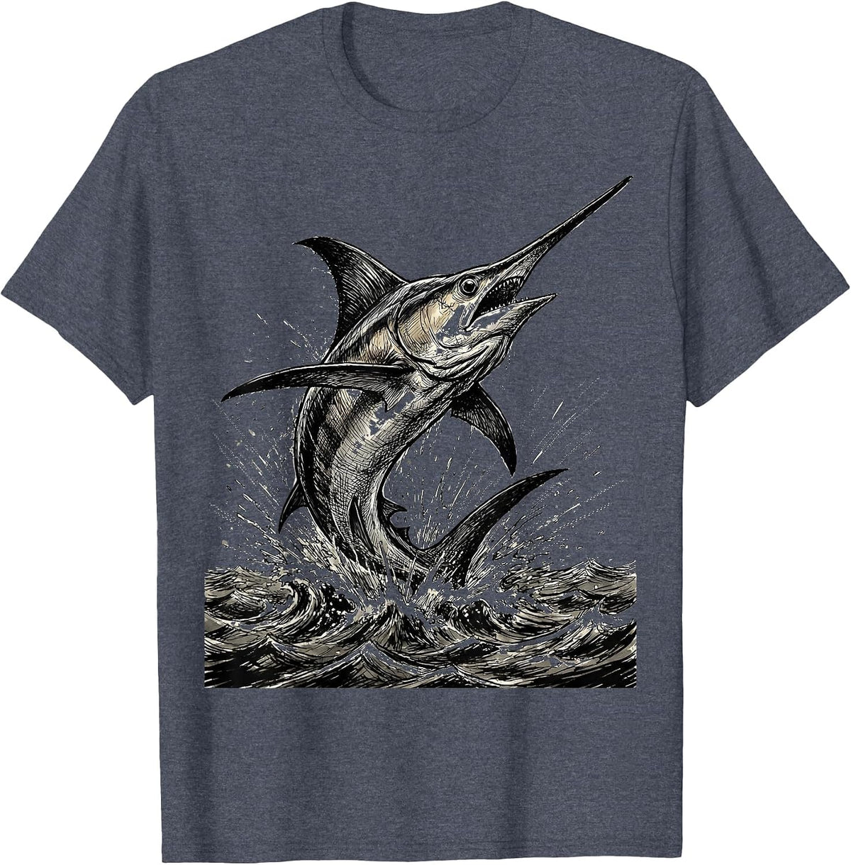 Muscular Swordfish Breaching Ocean Surface T-Shirt - Heather Blue