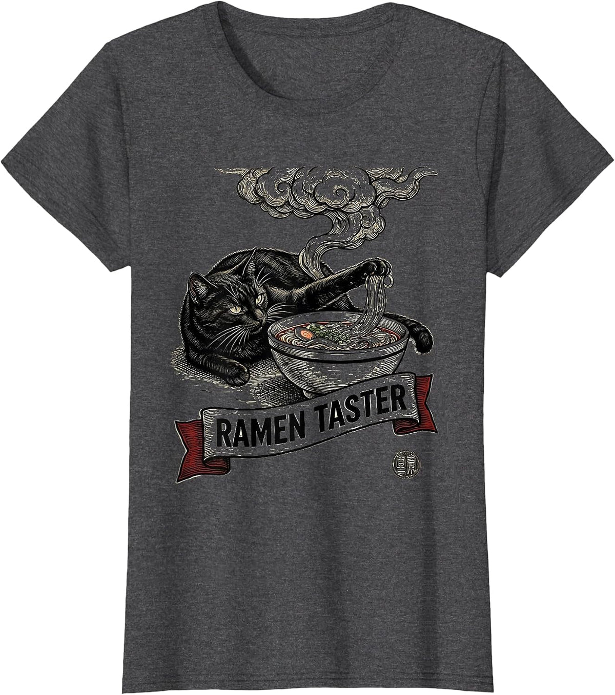 Women's Ramen Taster Funny Japanese Cat Anime Kawaii Woodcut T-Shirt - Dark Heather Grey
