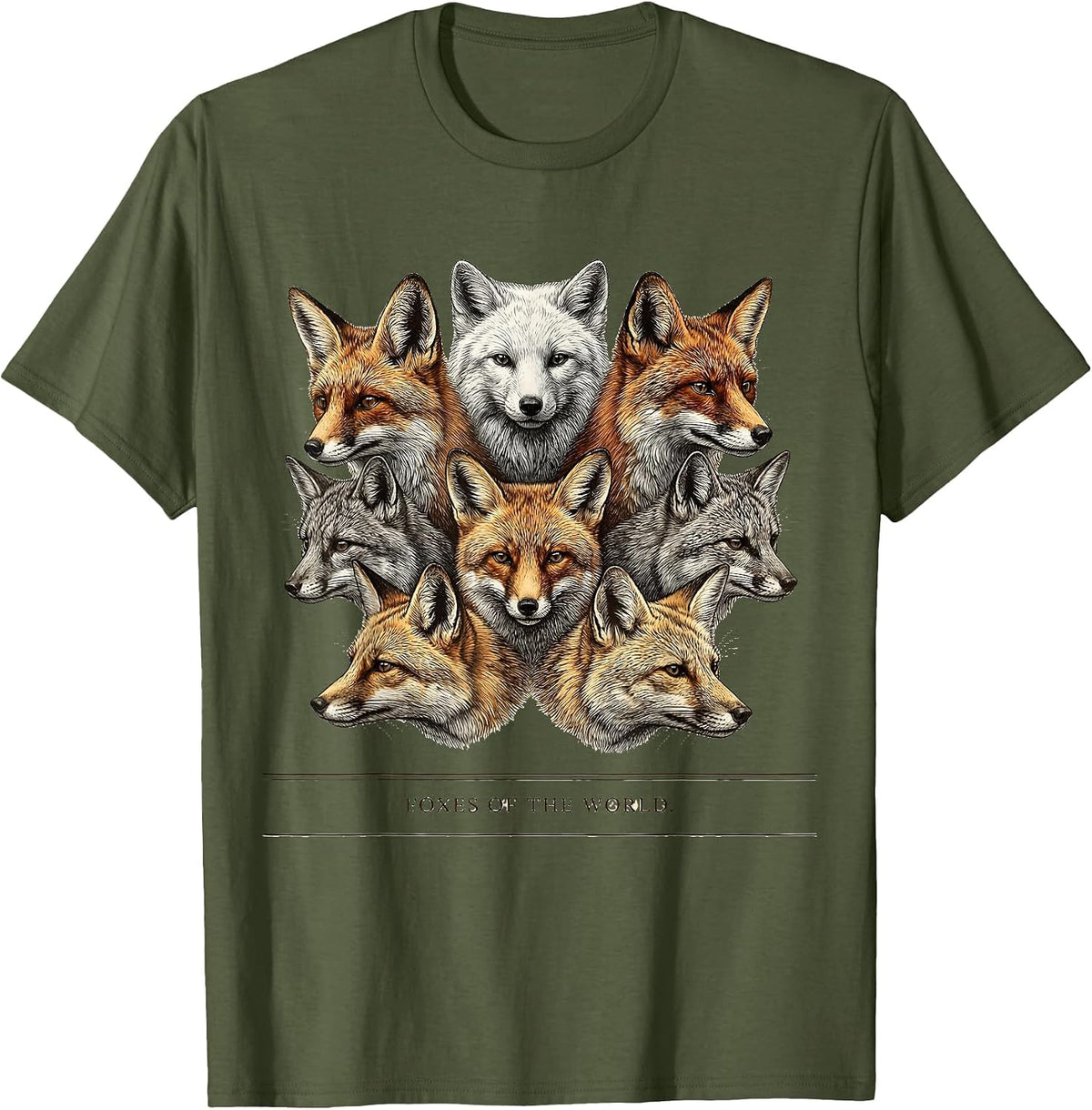 Foxes Of The World Crosshatch Etching Animal Lover Gift T-Shirt - Olive Green