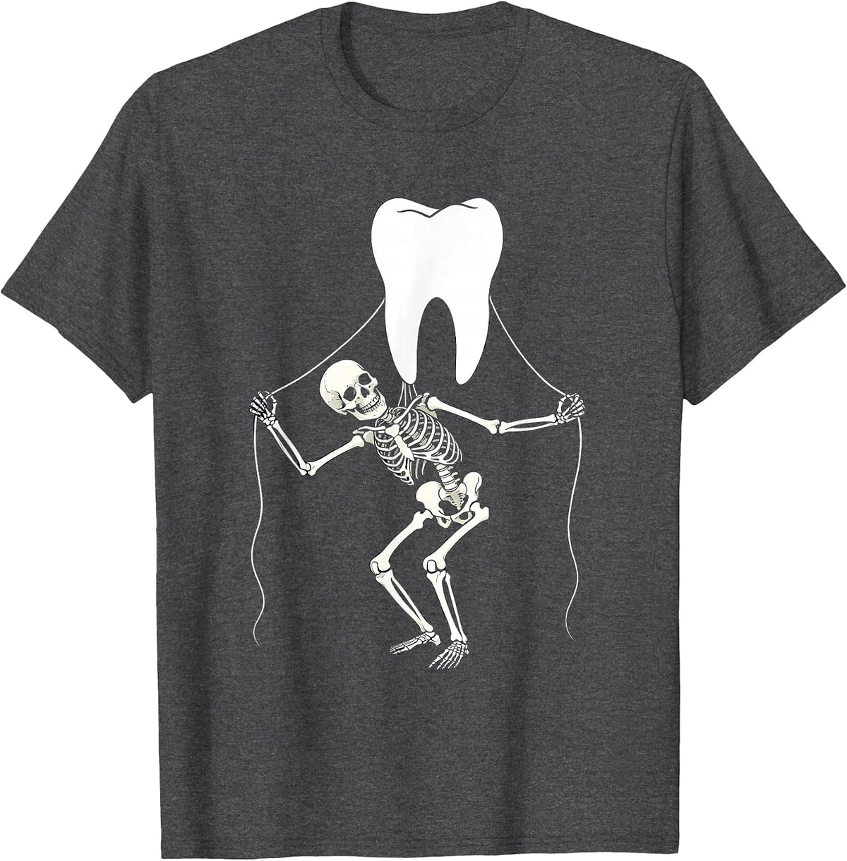Halloween Skeleton Flossing Giant Molar Dental Art T-Shirt - Dark Heather Grey