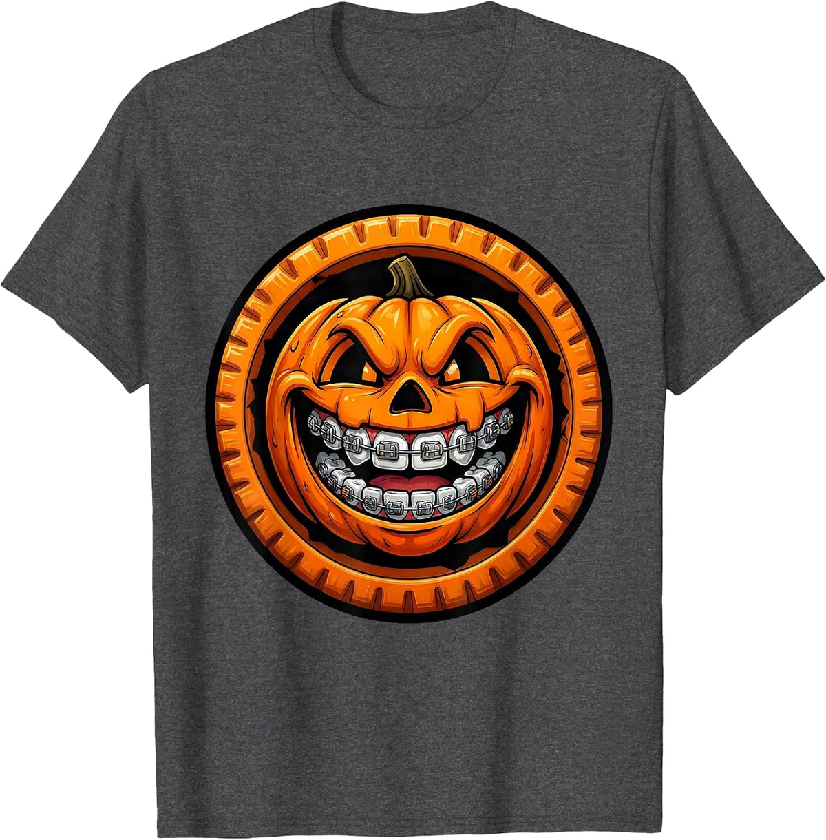 Dental Halloween Braces Jack-O-Lantern Design T-Shirt - Dark Heather Grey