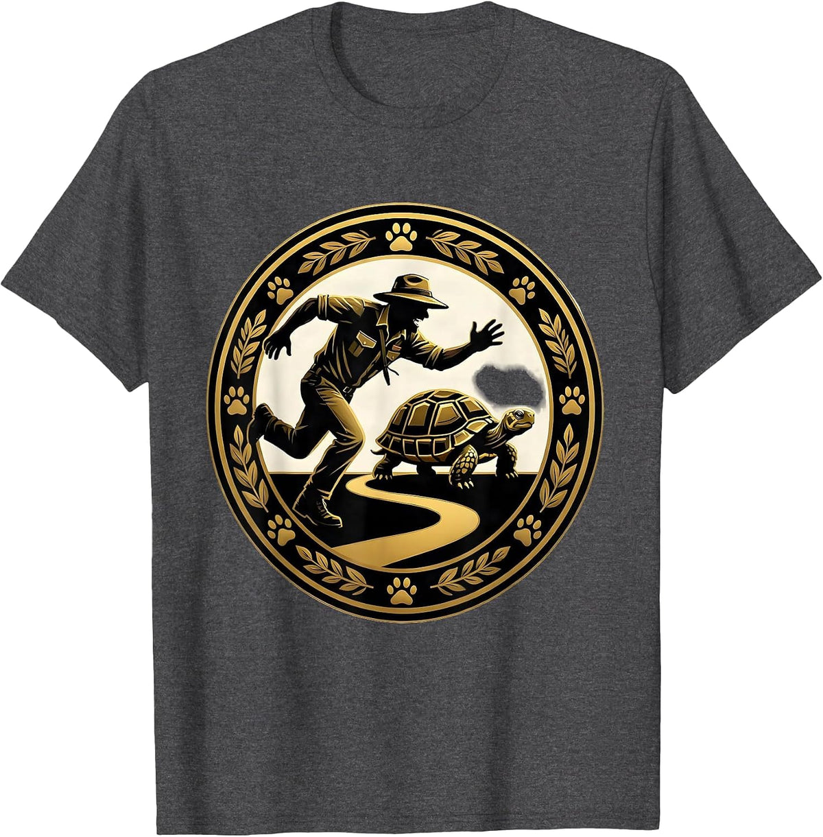 Men's Zookeeper Chasing Runaway Tortoise Funny Zoo T-Shirt - Dark Heather Grey