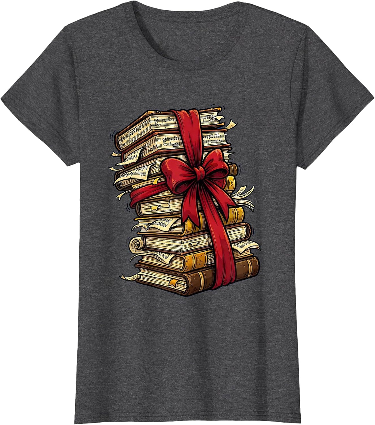 Women's Music Teacher Sheet Music Stack Graphic T-Shirt - Dark Heather Grey