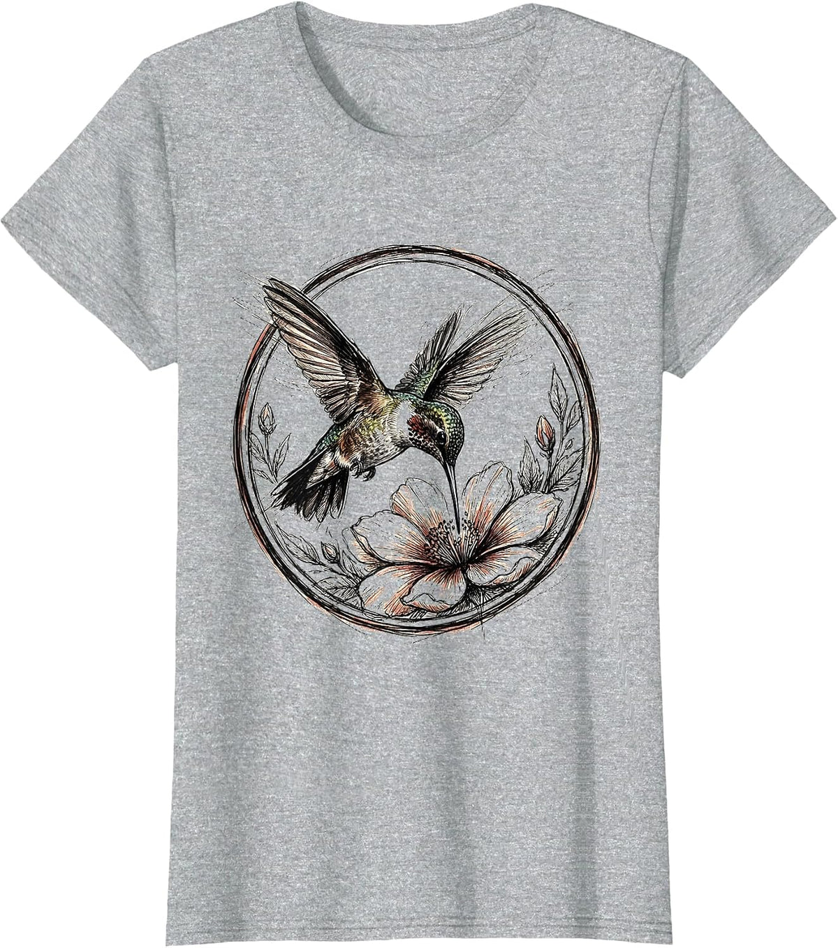Hummingbird Hovering at Red Blooming Flower T-Shirt - Heather Grey