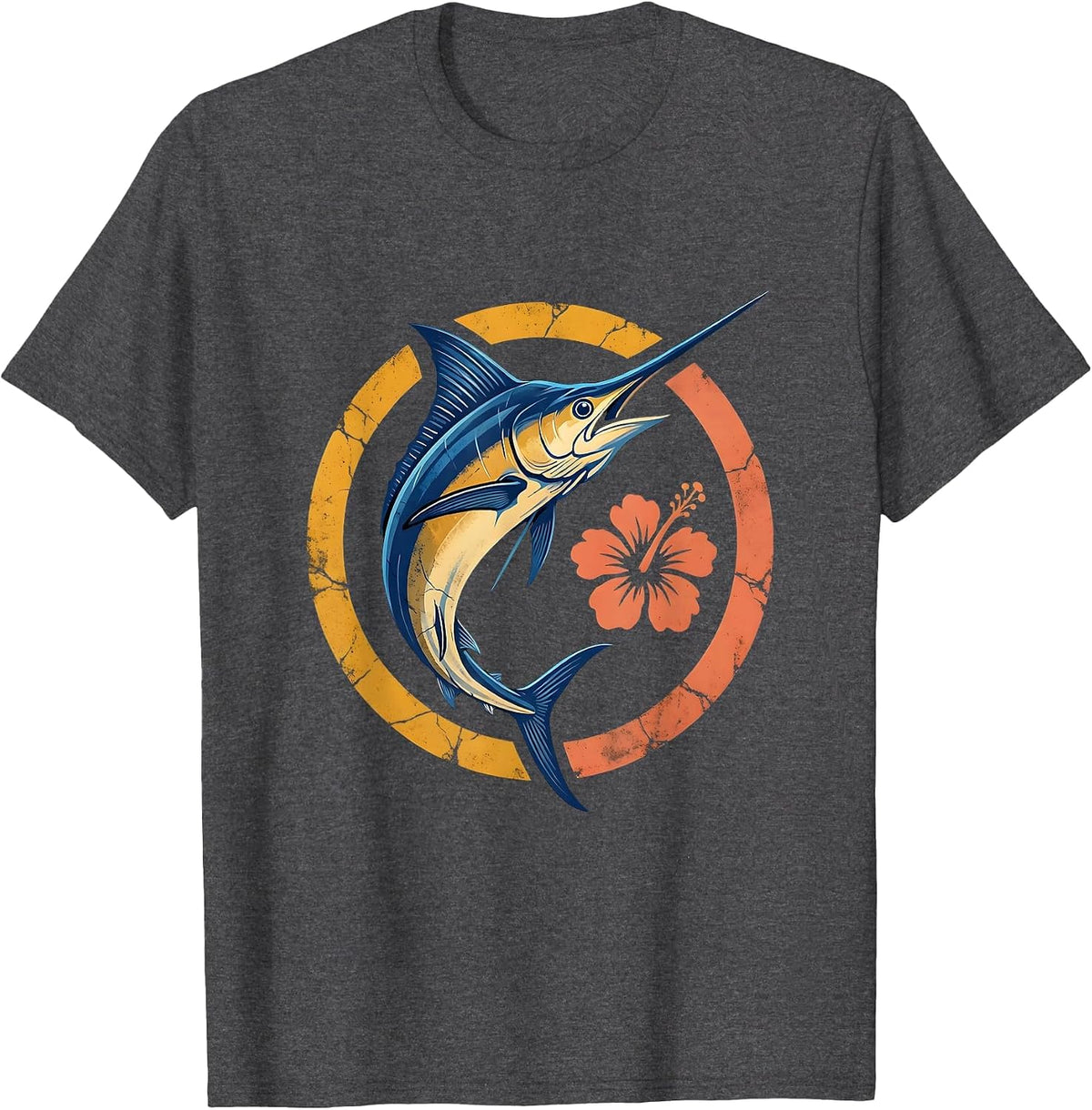 Jamaica Blue Marlin Leaping Ocean Waves Graphic T-Shirt - Dark Heather Grey