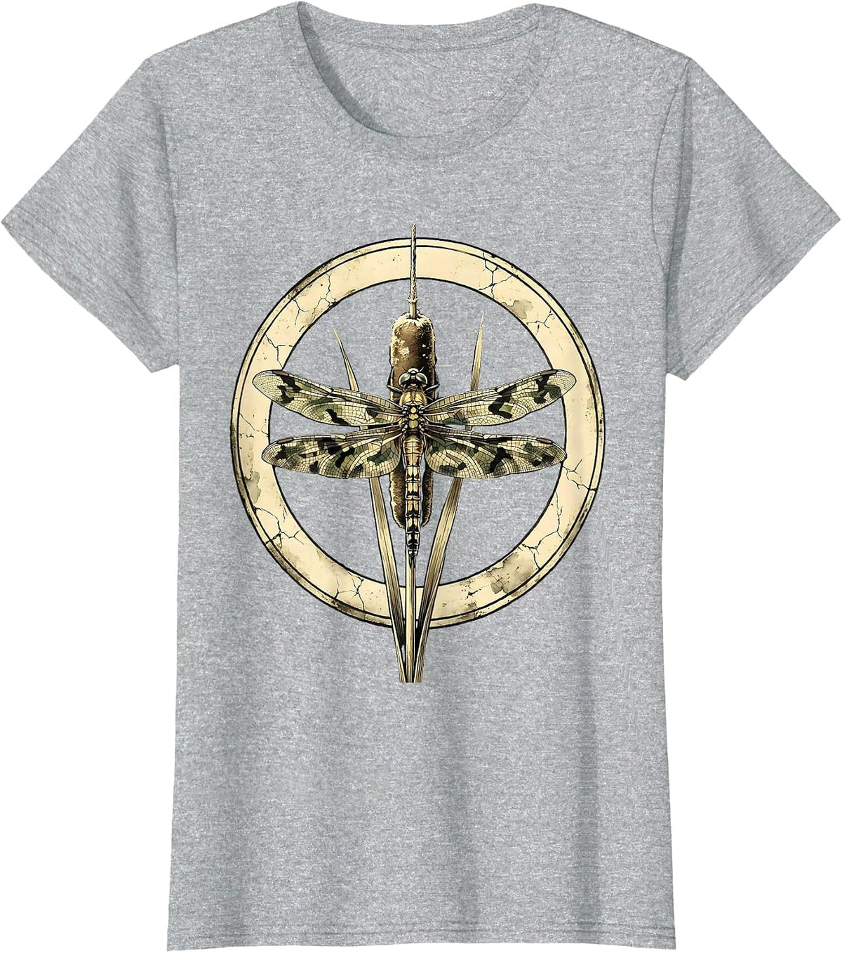 Women's Camo Dragonfly on Cattail Reed Nature Design T-Shirt - Heather Grey