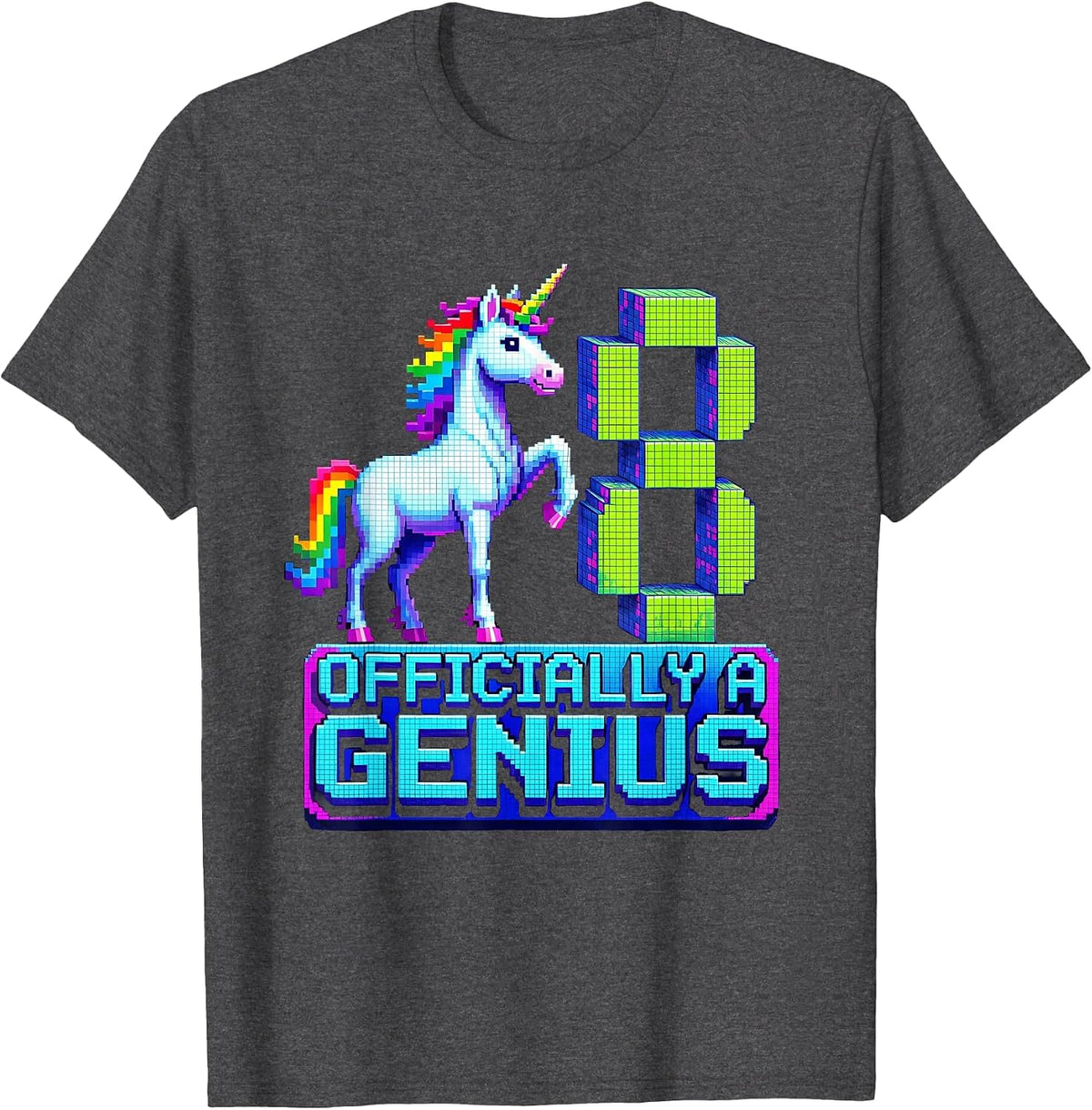 Officially A Genius Pixel Art Unicorn Birthday Girl Party T-Shirt - Dark Heather Grey