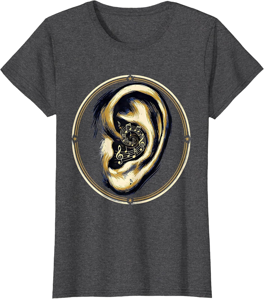 Women's Music Teacher Ear With Musical Notes Illustration T-Shirt - Dark Heather Grey
