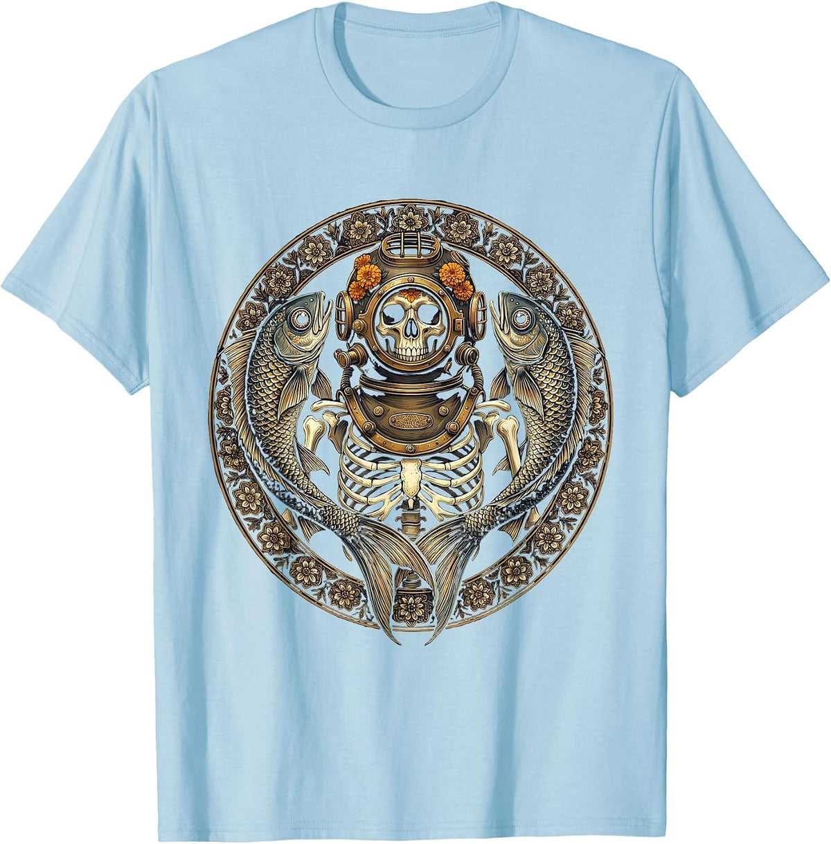 Men's Dia de los Muertos Skeleton Deep Sea Diver T-Shirt - Baby Blue