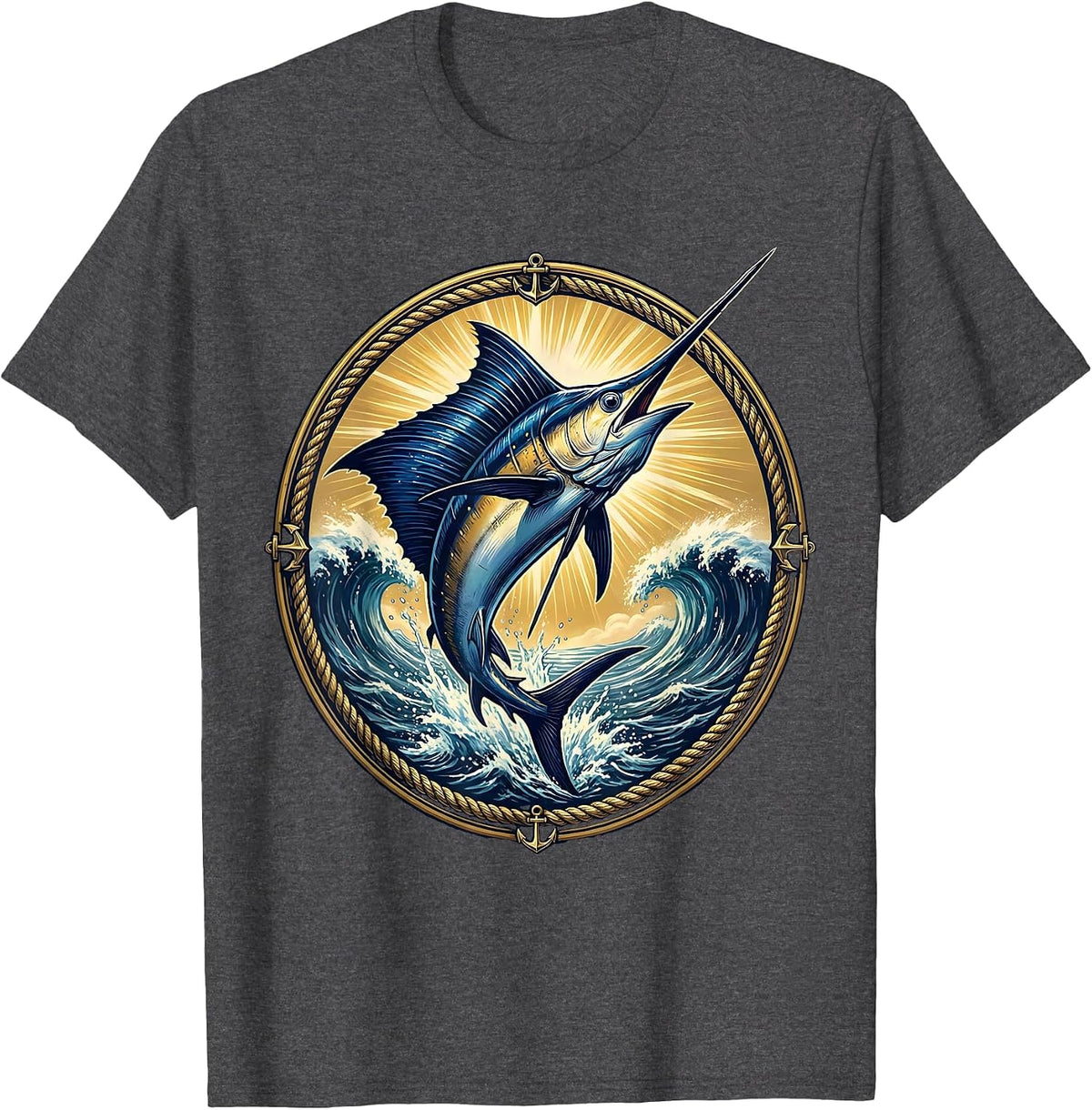 Marlin Leaping Ocean Hawaiian Graphic Design T-Shirt - Dark Heather Grey