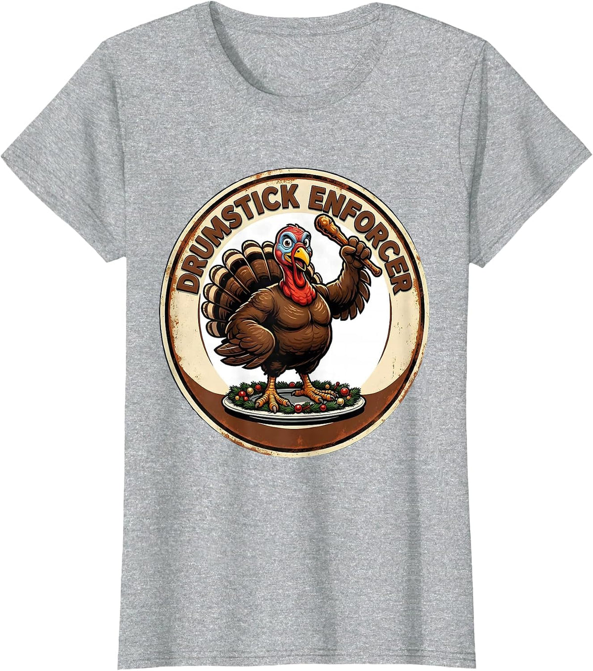 Drumstick Enforcer Vintage Funny Thanksgiving Family Crew T-Shirt - Heather Grey