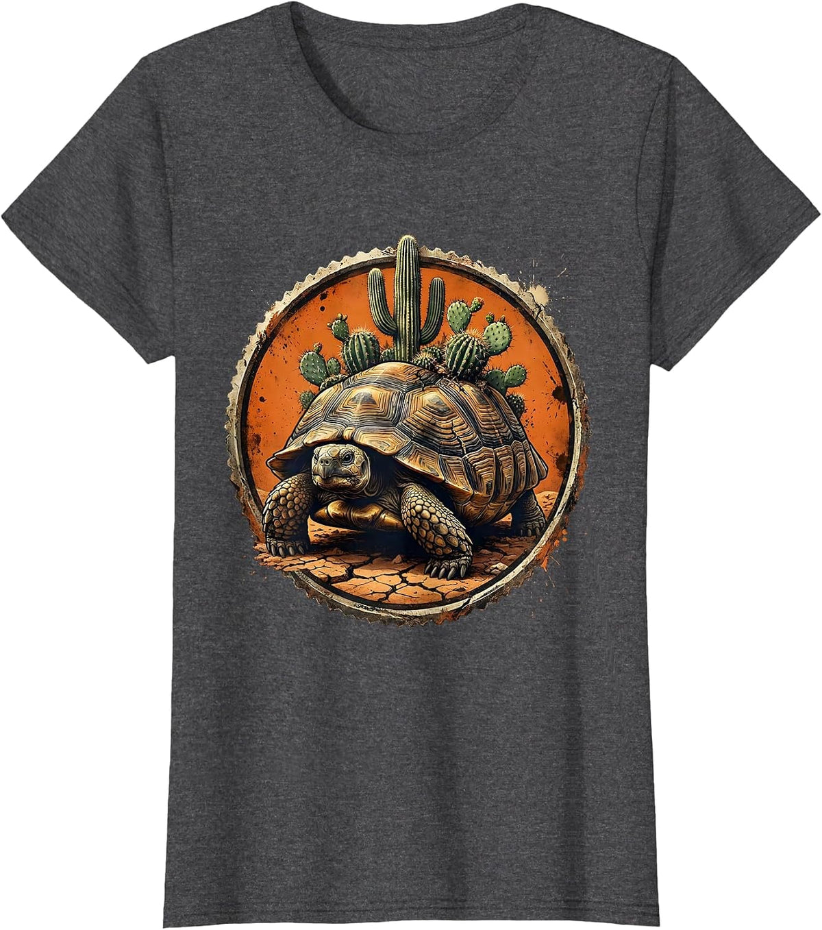 Women's Desert Tortoise with Cacti Western Nature Design T-Shirt - Dark Heather Grey