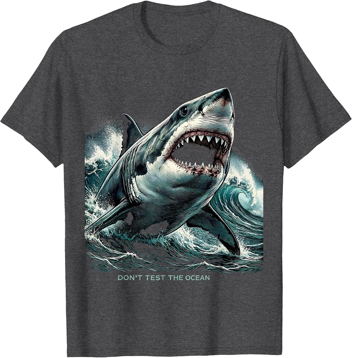 Men's Don't Test The Ocean Bold Shark Design T-Shirt - Dark Heather Grey