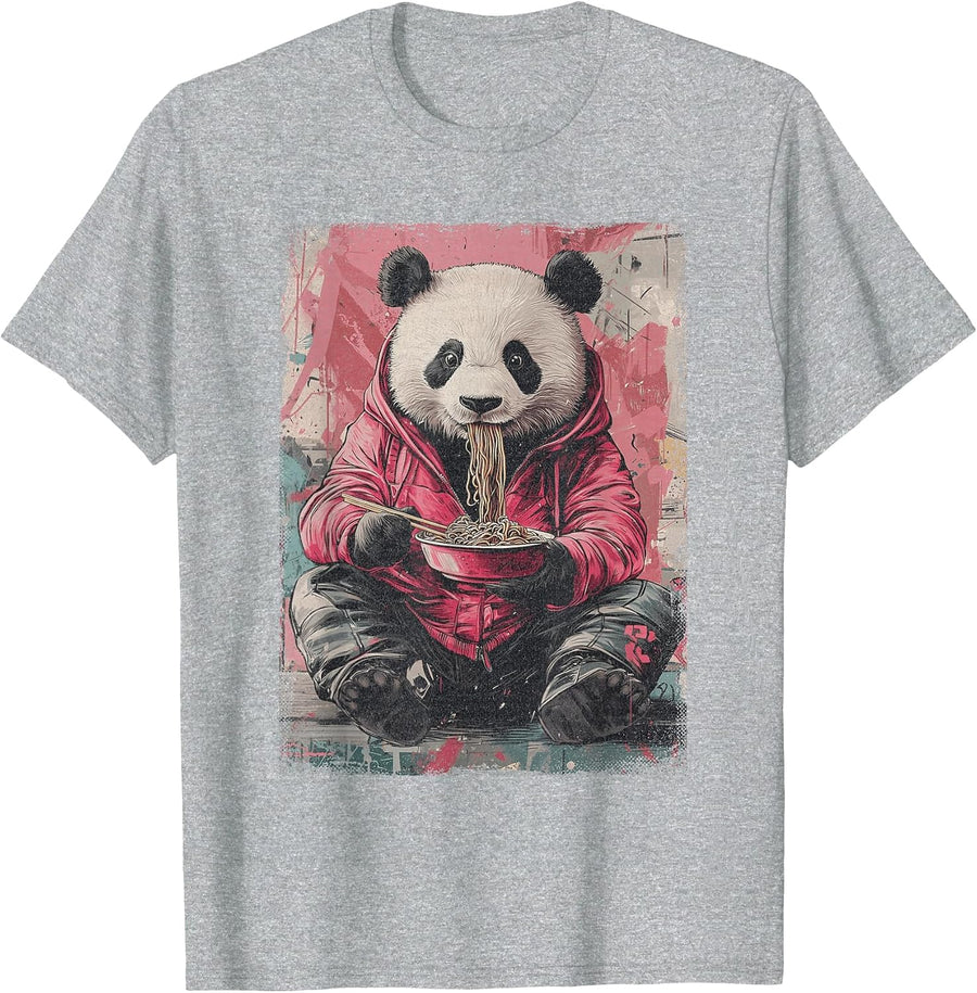 Cyberpunk Ramen Panda Y2K Manga Anime Japanese Streetwear T-Shirt - Heather Grey