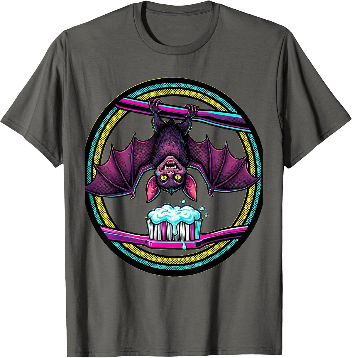 Vampire Bat on Toothbrush Halloween Dental Design T-Shirt - Asphalt Grey