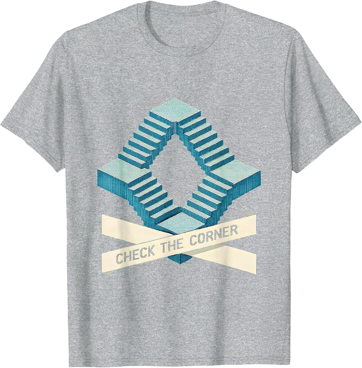 Men's CHECK THE CORNER Pixel Art Optical Illusion Trippy Gift T-Shirt - Heather Grey