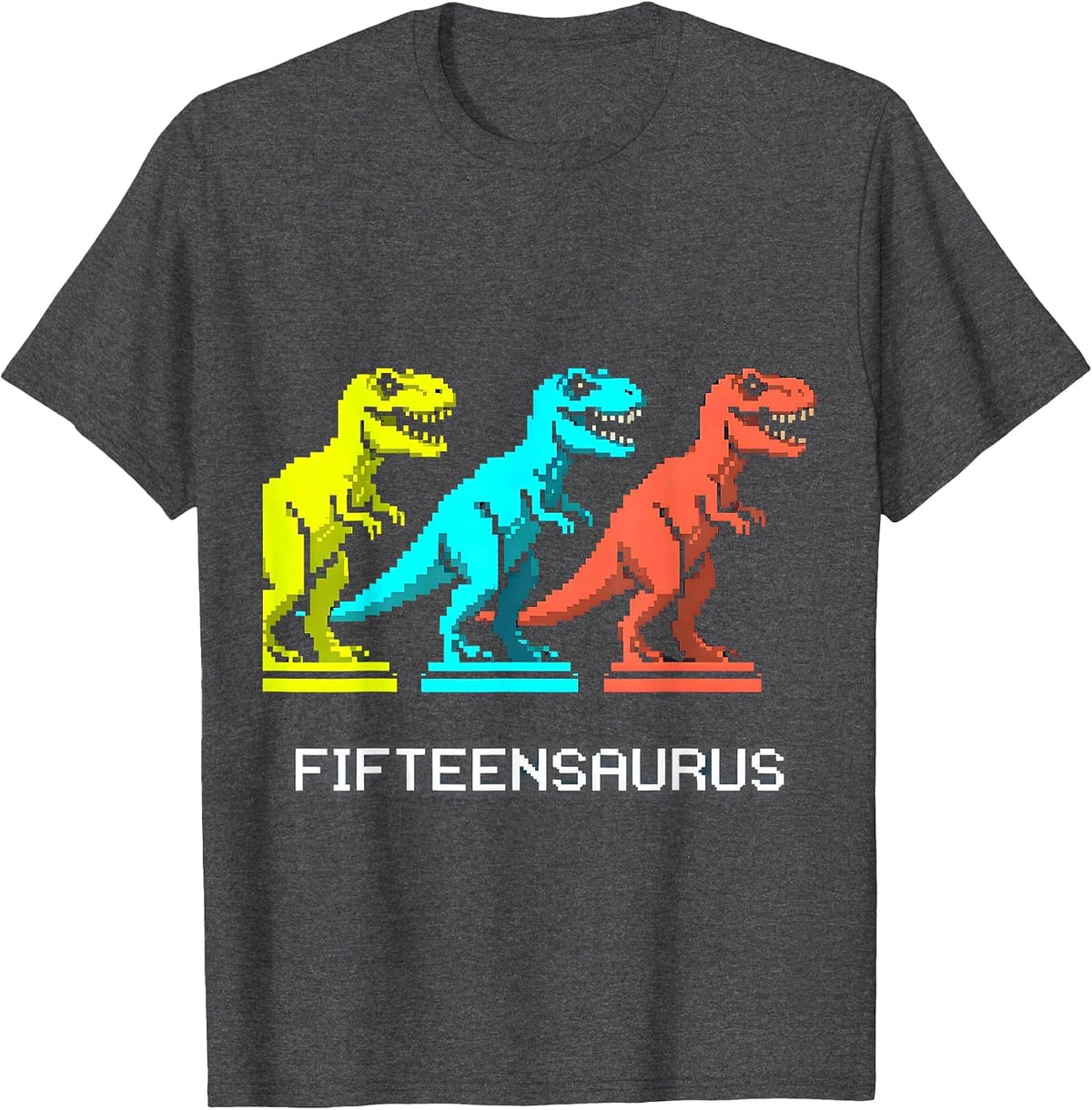 Fifteensaurus Pixel Art Dinosaur Family Humor ABC Learning T-Shirt - Dark Heather Grey
