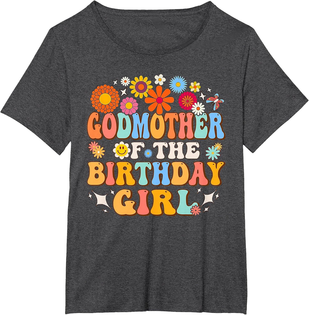 Godmother of The Birthday Girl Groovy Themed Family Matching T-Shirt - Dark Heather Grey