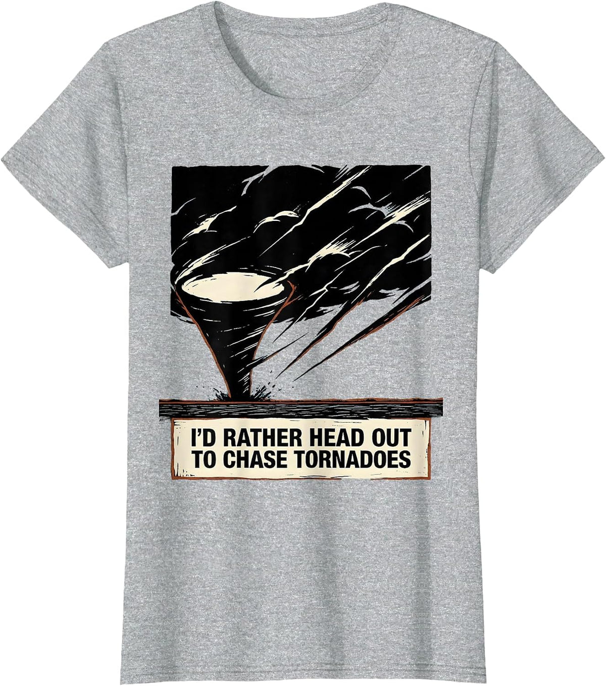 I'd Rather Head Out To Chase Tornadoes Linocut Storm Chaser T-Shirt - Heather Grey