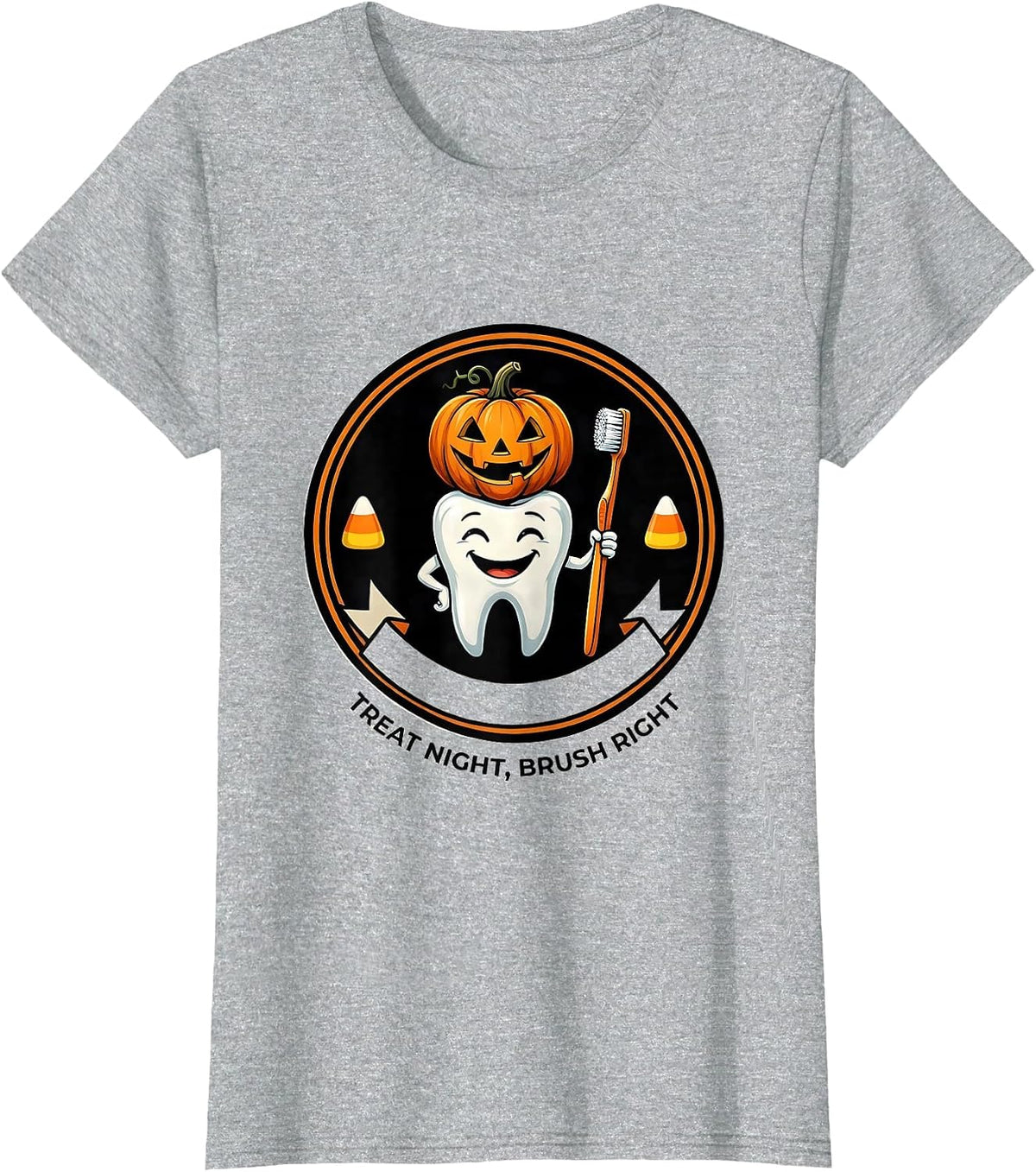 Women's Treat Night Brush Right Playful Dental Humor Halloween T-Shirt - Heather Grey