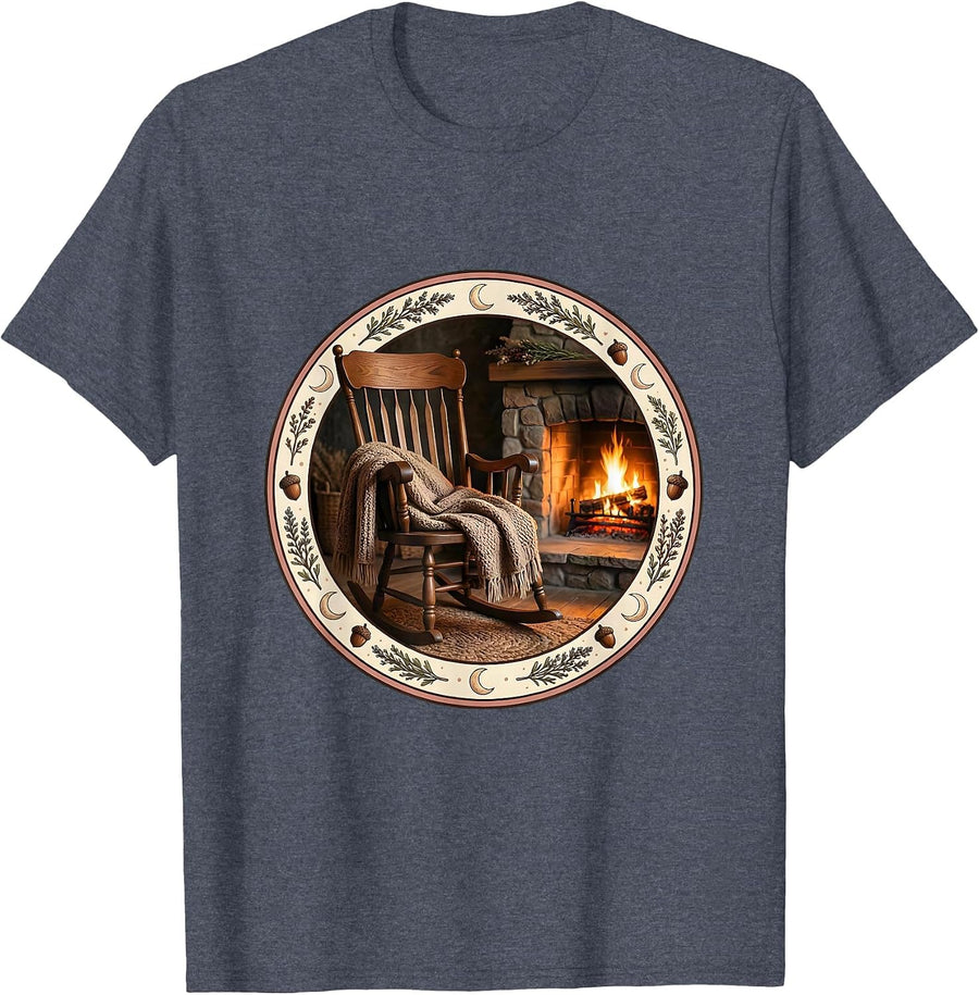 Mimi Rocking Chair Fireplace Cozy Illustration T-Shirt - Heather Blue