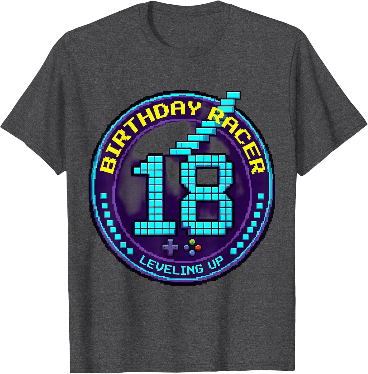 Men's Birthday Racer Leveling Up 18 Pixel Art Gamer Birthday Gift T-Shirt - Dark Heather Grey